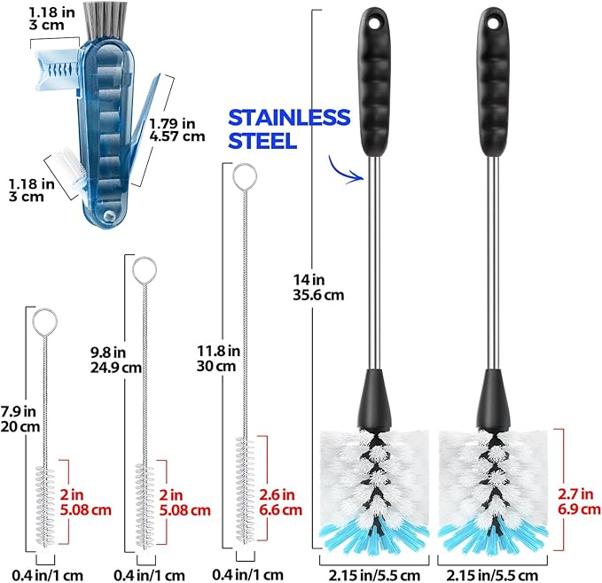 Holikme 6 Pack Bottle Brush Set, 14" Long Handle Stainless Steel Bottle Cleaner Brush, 3 Straw Brushes, 3-in-1 Bottle Cleaning Brush for Water Bottle, Baby Bottle, Blue&White