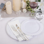 I00000 350Pcs Silver Plastic Dinnerware Set, Plastic Plates Disposable for 50 Guests Include: 100 Silver Rim Plates, 50 Paper Napkins, 50 Cups, 50 Plastic Silverware Set Perfect for Party & Wedding