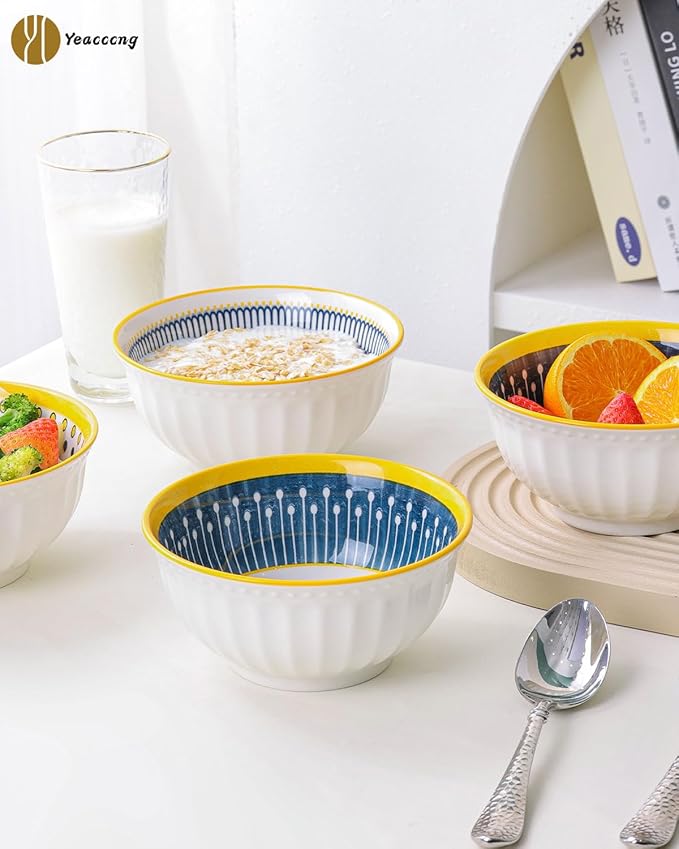 Yeacccng Bohemian Cereal Bowls Set of 4, 27 Oz Ribbed Exterior Ceramic Bowls, 6.14 Inch Lead-Free Scratch-Resistant for Soup/Cereal/Oatmeal/Pasta/Fruit, Dishwasher & Microwave Safe