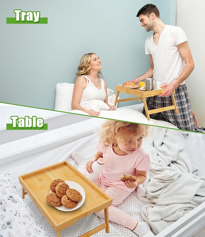 Youpehom Bed Tray Table with Folding Legs,Bamboo Breakfast in Bed for Kitchen Serving Tray,Sofa,Eating,Used As Laptop Desk Snack Tray 2 Pack (Bamboo)