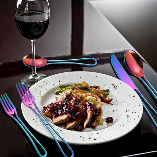 A·HOUSEWARE Iridescent Silverware Hollow Design 20 Piece Stainless Steel Flatware Set of 4 include Forks Spoons Knives Rainbow Utensils Color for Restaurant Parties Durable