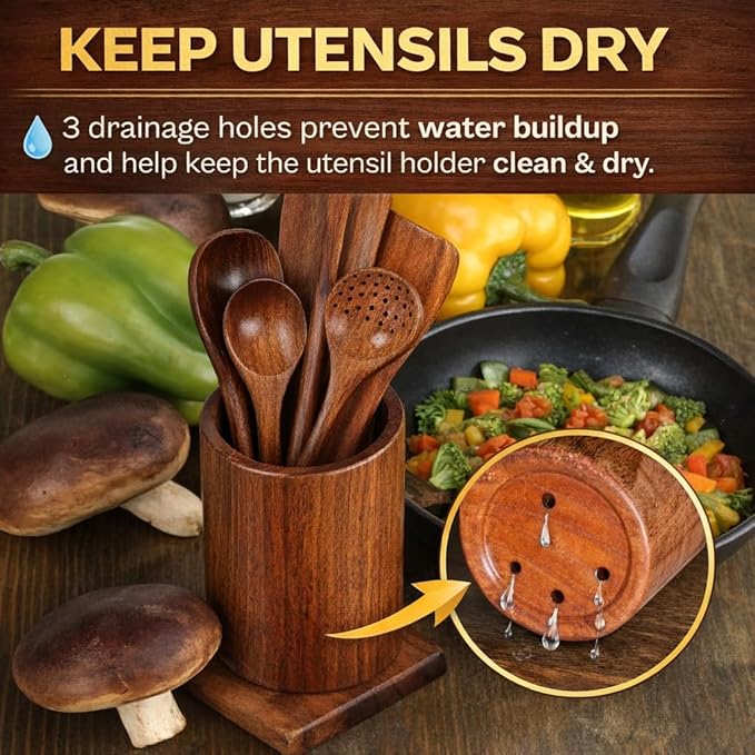 9 Piece Premium Teak Wooden Cooking Utensils Set- Spoons and Spatulas with Holder and Spoon Rest, Heat-Resistant, Non-Stick Safe, Lightweight Kitchen Tools (9)