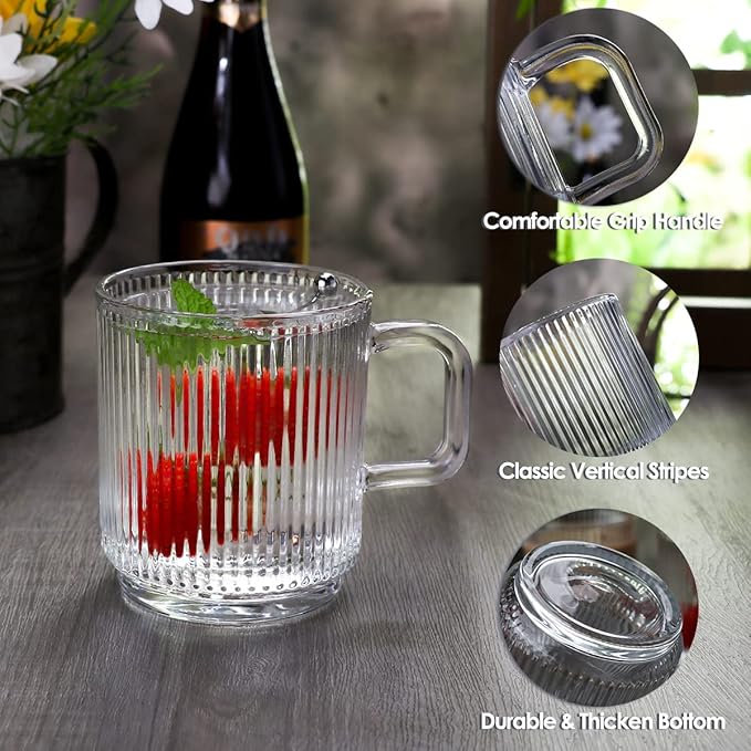 Clear Glass Coffee Mug Set of 4, 12 Ounces Ribbed Glassware with Spoon, Classic Vertical Stripes Tea Mugs for Soda, Latte, Espresso, Cappuccino, Gift for Birthday Holidays Wedding Anniversary