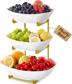 Lifewit Plastic Fruit Bowl for Kitchen Counter, 3 Tier Fruit Basket with Gold Metal Stand, Tiered Fruit Holder for Countertop Serving Tray for Vegetable/Dessert in Party 28 x 21 x 35cm/11 x 8.4 x 14