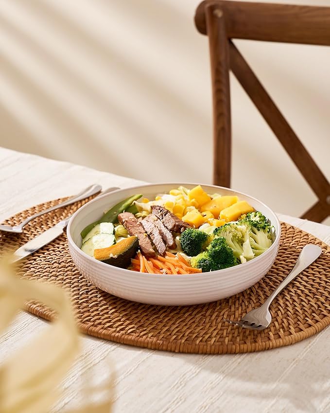 famiware Milkyway 33 oz Bowl Set, Pasta Bowls Set of 6, Salad Bowls, Double Reactive Glaze, Sturdy & Stackable, Ideal for Housewarming, Festivals, White Thread