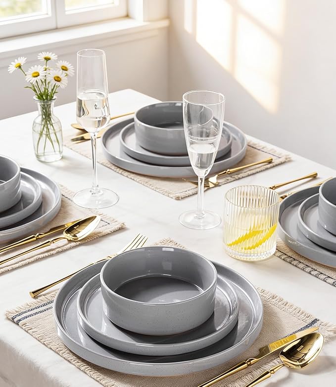 AmorArc Ceramic Dinnerware Set for 4 | Speckled Stoneware Plates and Bowls with unglazed terracotta | Scratch Resistant, Dishwasher & Microwave Safe Dishes Sets- 12-Pcs Gray