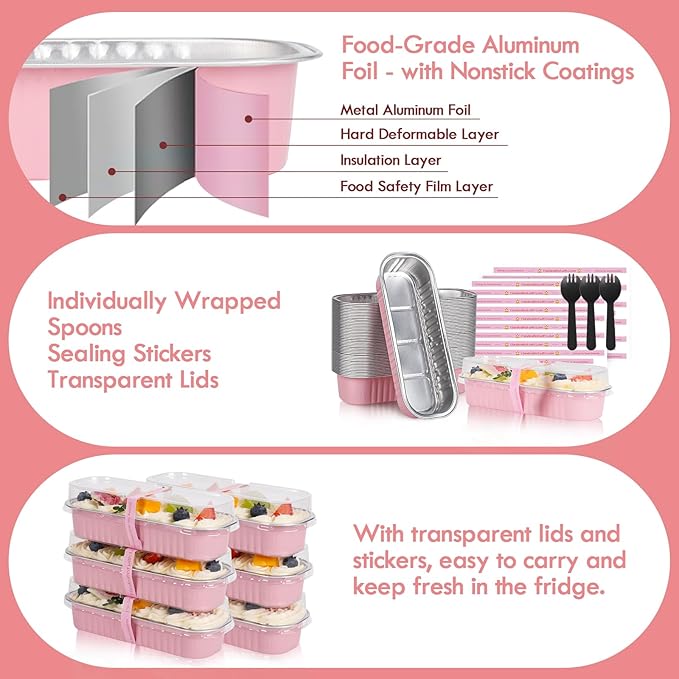 25 Pack Mini Loaf Pans with Lids and Spoons Sealing Sticker, 6.8oz Mini Cake Pans for Baking, Disposable Aluminum Foil Loaf Pans, Pink Loaf Baking Pans, Small Cake Containers With Lids