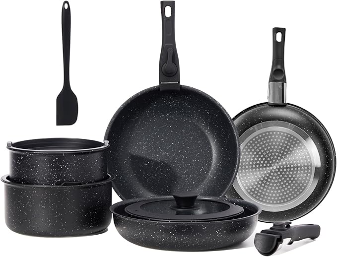 NEWBULIG 12-Piece Pots and Pans Set, Nonstick Cookware Set with Detachable Handle, Non toxic Induction Kitchen Cooking Set, Dishwasher ＆ Oven Safe, RV Friendly, Black