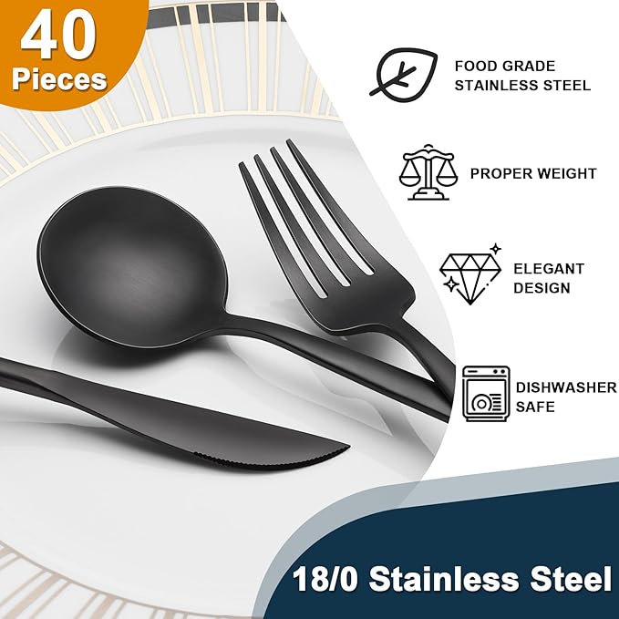 40 Pieces Black Silverware Set, Stainless Steel Flatware Set Service for 8, Tableware Cutlery Set, Utensils for Home, Restaurant, hotel, Include Knife Fork Spoon Set,Dishwasher Safe