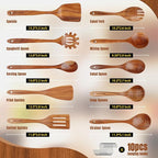 Wooden Spoons for Cooking, 10PCS Teak Wood Cookware Utensil Set with Hooks - Smooth Finish, Non-Stick, Comfortable Grip, Heat Resistant Kitchen Utensils