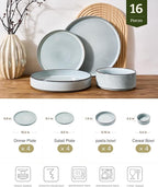 Famiware Annecy Plates and Bowls Sets, Service for 4 (16 Pieces), Dinnerware Sets with Pasta Bowls, Microwave and Dishwasher Safe Dishes Set, Chip and Scratch Resistant, Grey-Blue