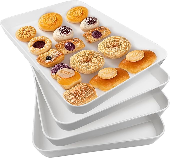 greenandlife 4 Pcs 16" x 11" Large Serving Trays for Party Supplies, Plastic Platters for Serving Food, Unbreakable Reusable Trays for Snack, Fruit, Cookies, Desserts in Kitchen, BPA Free, White