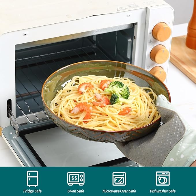 Sureasy 9.7" Pasta Bowls Set of 4, 42 oz Large Salad Bowls for Kitchen, Embossed Ceramic Serving Bowls for Fruits, Soup, Pasta and Salad, Microwave & Dishwasher Safe, Green