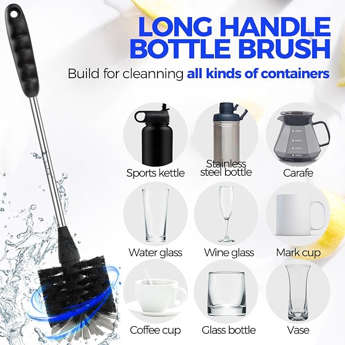 Holikme 5-Piece Bottle Brush Cleaner Set - 14" Stainless Steel Handle, 3 Straw Brushes, Cleans Water Bottles, Cups, Baby Bottles, Black & Grey