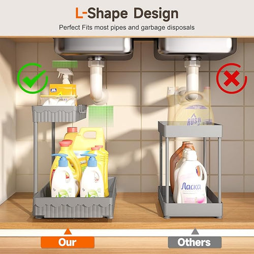 3 Pack Multi-Purpose Under Sink Organizers and Storage, 2026 L-Shaped Pull Out Cabinet Organizer for Bathroom & Kitchen, Under Cabinet Organizer with Hooks Hanging Cup (Grey, 12.85 inch)