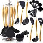 Silicone Cooking Utensils Set, 17pcs Kitchen Utensil Set with Rotatable Holder, Heat-Resistant Silicone Utensils for Cooking, Non-Stick Spatula Set with Stainless Steel Handle,Turner,Ladle (Gold)