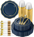 realluck 350 Piece Navy Blue Plastic Dinnerware Set for 50 Guests Elegant Baroque Disposable Dinnerware for Weddings, Parties, 100 Plastic Plates, 50 Pre Rolled Napkins with Silverware, 50 Cups