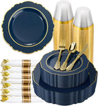 realluck 350 Piece Navy Blue Plastic Dinnerware Set for 50 Guests Elegant Baroque Disposable Dinnerware for Weddings, Parties, 100 Plastic Plates, 50 Pre Rolled Napkins with Silverware, 50 Cups
