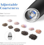 Rechargeable Electric Salt and Pepper Grinder Set, Gravity Activated, Adjustable Coarseness, LED Light, USB Charging, Ceramic Core, 150ml Transparent Hopper, Black