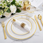 WELLIFE 350Pcs Gold Plastic Plates for 50 Guests - Plastic Dinnerware Set, Includes 100 Party Plates,150 Gold Silverware Disposable,50 Napkins,50 Cups,Disposable Plates for Party and Wedding