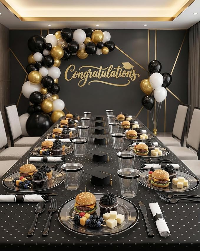 BESTVIP 350Pcs Clear Black Plastic Plates for Party, Disposable Dinnerware Set for 50 Guests, 100 Plastic Plates, 50 Cups, 50 Pre-Rolled Napkins with Cutlery for Graduation Party, Wedding, Halloween