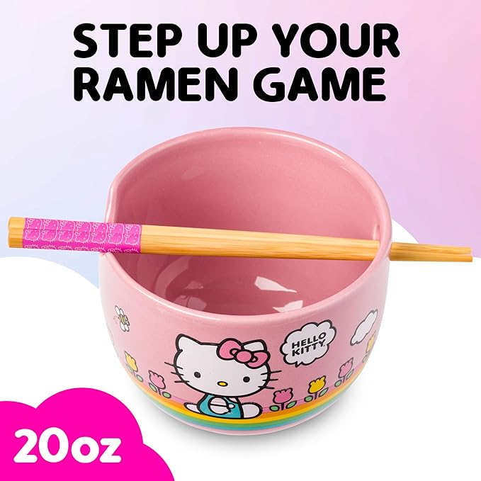 Silver Buffalo Hello Kitty Spring and Summer Flowers Rainbow Stripes Ceramic Ramen Noodle Rice Bowl with Chopsticks, Microwave Safe, 20 Ounces