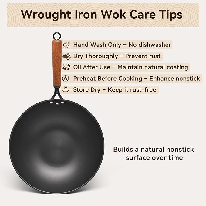 Carbon Steel Wok with Lid, 12.6" Flat Bottom Stir Fry Pan, Rolled Edge Spun Steel Wok, Coating-Free Wok for Induction, Gas & Electric Cooktops