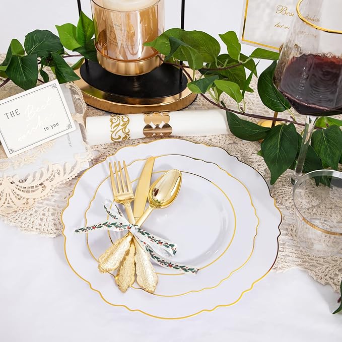 WDF Partyware 350 Pieces Gold Disposable Plates for 50 Guests, Plastic Plates for Party, Dinnerware Set of 50 Dinner Plates, 50 Salad Plate, 50 Spoons, 50 Forks, 50 Knives, 50 Cups for Mother's Day