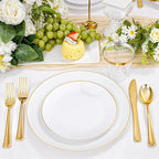 KIRE 175PCS Gold Plates Disposable - Heavy Duty White and Gold Plastic Plates Dinnerware Sets - 25 for Dinner 25 for Dessert 25 Pre Rolled Napkins and 25 Cups for Birthday/Ramadan/Wedding/Mother's Day