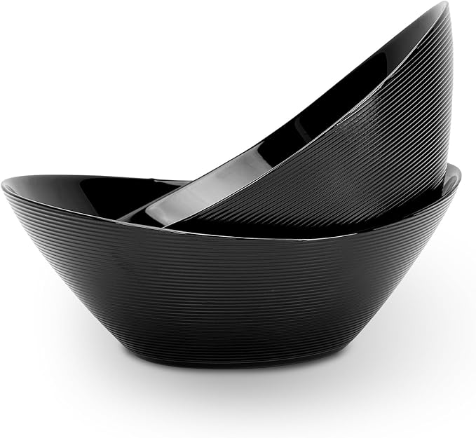 LaGlint 66 OZ Salad Bowl Set of 2, Opal Glass 10 inch Lightweight Serving Dishes for Salad, Fruit, Kitchen Microwave & Dishwasher Safe, Oval Shape Black