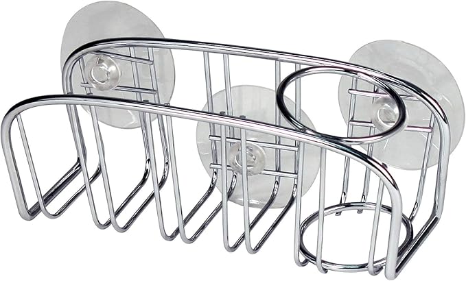Spectrum Contempo Chrome Sink Holder for Brush and Sponge with Strong Suction Cups for Dish Soap Brush Storage, Quick Dry Easy Drain Sink Sponges Brushes Caddy, Chrome