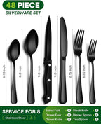 Black Silverware Set, 48-Piece Flatware Set with Steak Knives for 8, Stainless Steel Mirror Cutlery Include Forks Spoons and Knives Set, Dishwasher Safe Utensils Set for Home Restaurant