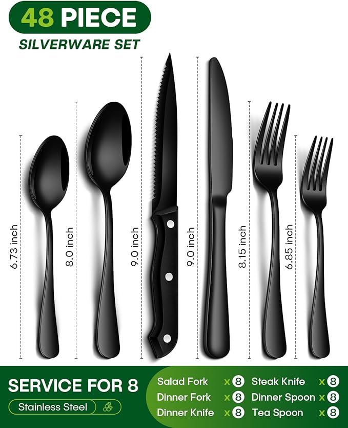 Black Silverware Set, 48-Piece Flatware Set with Steak Knives for 8, Stainless Steel Mirror Cutlery Include Forks Spoons and Knives Set, Dishwasher Safe Utensils Set for Home Restaurant