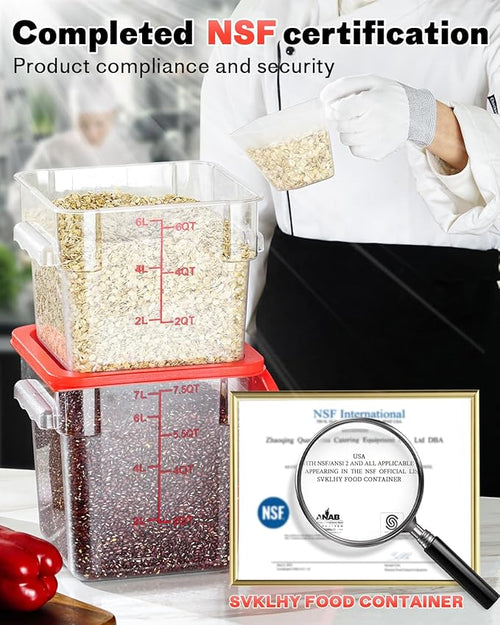 2QT NSF Food Storage Containers: 6 PCS [Food Grade][Hot&Cold Resistant] Commercial Clear Square Food Storage Containers with Scales Handles for Home Restaurant Kitchen Proof Dough(BPA FREE N1)