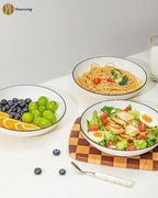 Yeacccng White Pasta Bowls Set of 6, 9.25 Inch 50 Oz Large Ceramic Soup Salad Bowls, Black Rim Minimalist Design, Lead-Free Cadmium-Free, Dishwasher Microwave Oven Safe, Scratch-Resistant