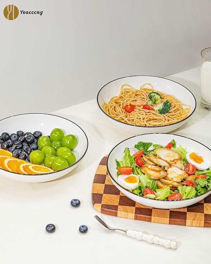 Yeacccng White Pasta Bowls Set of 6, 9.25 Inch 50 Oz Large Ceramic Soup Salad Bowls, Black Rim Minimalist Design, Lead-Free Cadmium-Free, Dishwasher Microwave Oven Safe, Scratch-Resistant