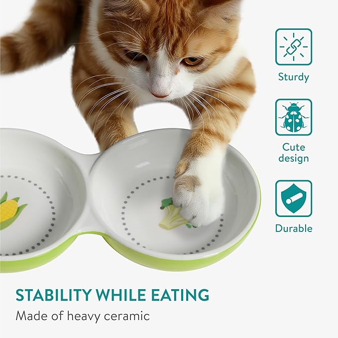 Navaris Twin Feeding Dog or Cat Bowls - Durable Double Ceramic Kitten or Puppy Bowl Set - Ideal for Food & Water for Small Pets - Space-Saving Design & Easy to Clean - Green