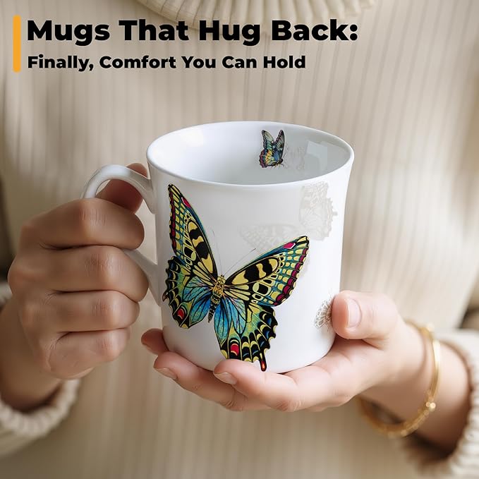 Ceramic Coffee Mugs Set of 4, 12 Oz Butterfly Pattern, Microwave and Dishwasher Safe, Comfortable Handles, Gifts for Women and Men, for Coffee, Tea, Latte, Cappuccino