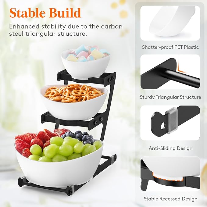 Lifewit 3 Tier Plastic Serving Bowls with Black Metal Stand, Chips and Dip Serving Tray Set for Entertaining Party, Crack-Proof Serving Platters for Fruit/Snack/Candy, 31 x 20 x 27 cm/12 x 8 x 10.6