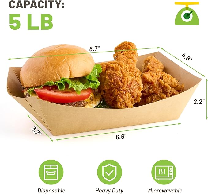ZORRITA 5 LB Extra Large Paper Food Trays, 100 Pack Disposable Nacho Trays Kraft Paper Food Boats Party Serving Baskets for Sandwiches Burgers Popcorns Snacks