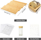 Spice Drawer Organizer with 35 Bamboo-lidded Spice Jars,216 Labels,25 Non-slip Rubber, Bamboo 4 Tier Seasoning Rack Tray Insert for Kitchen Drawers,Cabinets,Countertop,14.6" Wide x 15.8" Deep