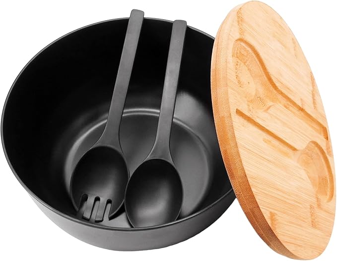 ECOWAY Bamboo Fiber Salad Bowl with Lid & Servers, 4Qt, Melamine Salad Serving Bowls Set with Bamboo Lid, Salad Mixing Bowl with Spoon Fork for Fruits Vegetables and Pasta (Black, 9.8inch)