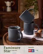 famiware Coffee Mug Set for 4, Star 16 oz Catering Mugs Cup Set with Handle for Coffee, Tea, Cocoa, Milk - Ceramic Stoneware Drinkware Set, Matte Dark Charcoal