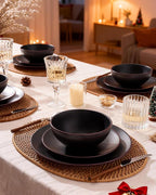 Famiware Venus Plates and Bowls Sets with Trim, 18 Pieces Stoneware Chip Resistant Dinnerware Dishes for 6, Matte Black - Microwave/Dishwasher Safe, Modern Minimalist, for Everyday Meals/Formal Dining