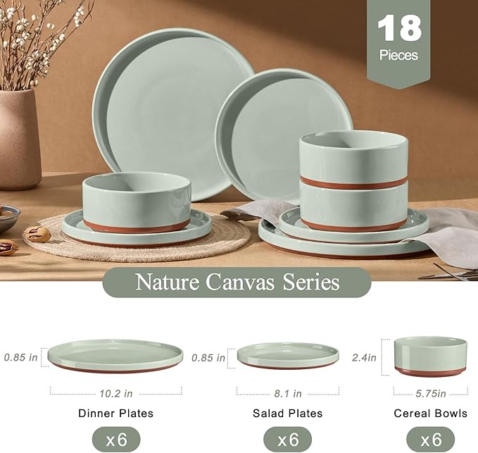 LIANYU 18 Pieces Porcelain Dinnerware Sets, Premium Plates and Bowls Set, High-Fired Ceramic Dishes Set for 6, Chip & Scratch Resistant, Microwave Dishwasher Safe, Laurel Green