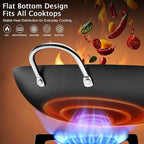 WANGYUANJI Carbon Steel Wok 14.2", Large Nitriding Flat Bottom Stir Fry Pan with Lid, No Chemical Coating Rust Resistant Iron Skillet for Induction Electric Gas Stoves, Big Capacity Serves 6+