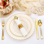 YOUBET 350PCS Ivory Scalloped Plastic Plates - Ivory and Gold Disposable Dinnerware Set Include 100 Plates, 150 Gold Silverware, 50 Cups, 50 Napkins for Wedding & Party