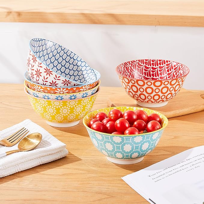 AntoKueh 23 OZ Colorful Large Ceramic Bowl Set of 6 6 inch Deep Porcelain Cereal Bowls for Salad, Soup, Snack and Rice，Dishwasher/Microwave safe
