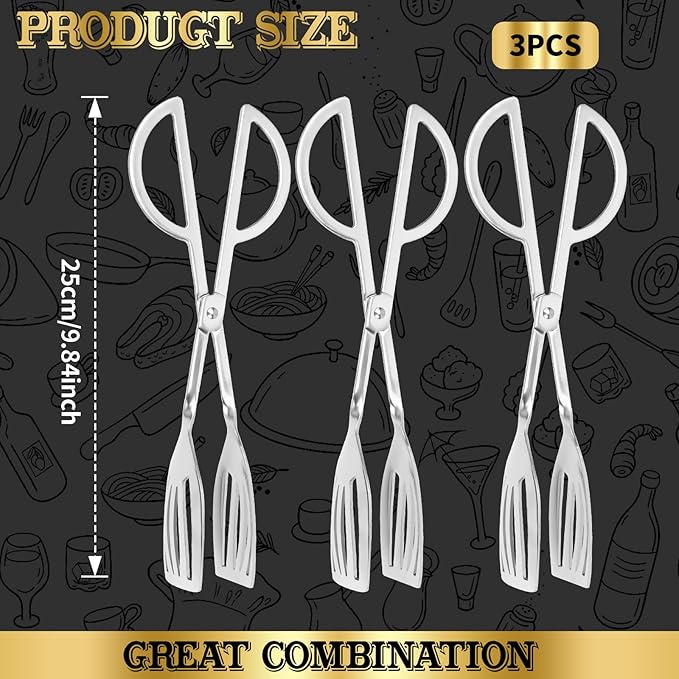 3PCS 9.8-Inch Stainless Steel Salad Tongs for Serving Heavy Duty Serving Tongs for Home Parties, Weddings, Buffets, Barbecues, Kitchen Utensils for Cake, Steak, Salad and More (3, Silver)