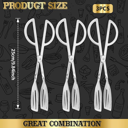 3PCS 9.8-Inch Stainless Steel Salad Tongs for Serving Heavy Duty Serving Tongs for Home Parties, Weddings, Buffets, Barbecues, Kitchen Utensils for Cake, Steak, Salad and More (3, Silver)